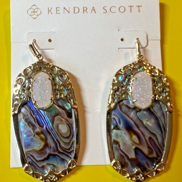 Kendra Scott Deva Drusy Abalone Shell Earrings Drop Statement Gold Tone NEW RARE - Picture 7 of 8